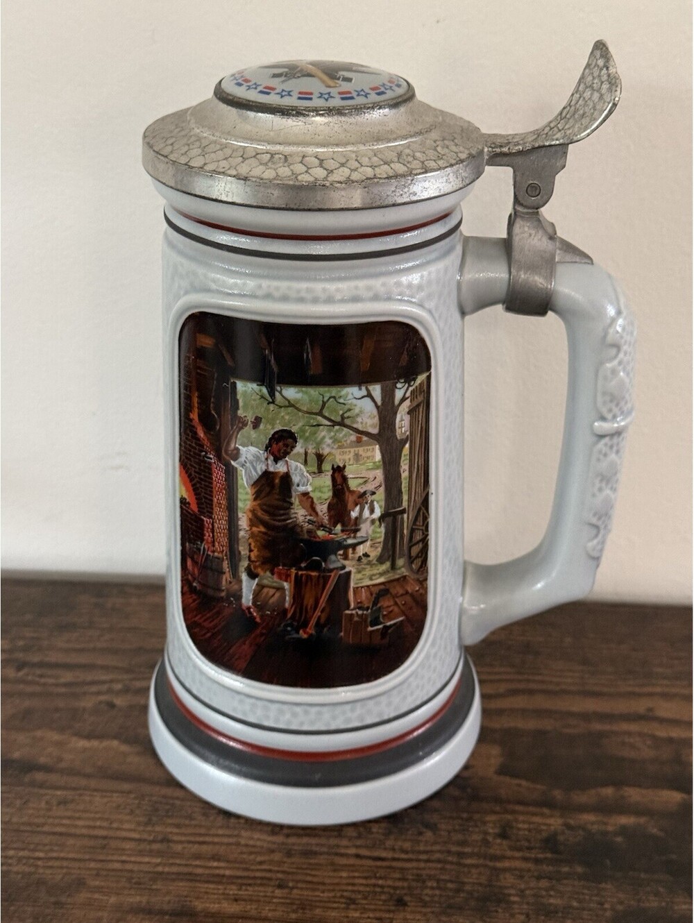 Vintage Stein Avon , Blacksmith Colonial America Beer , Mug Porcelain 1985
